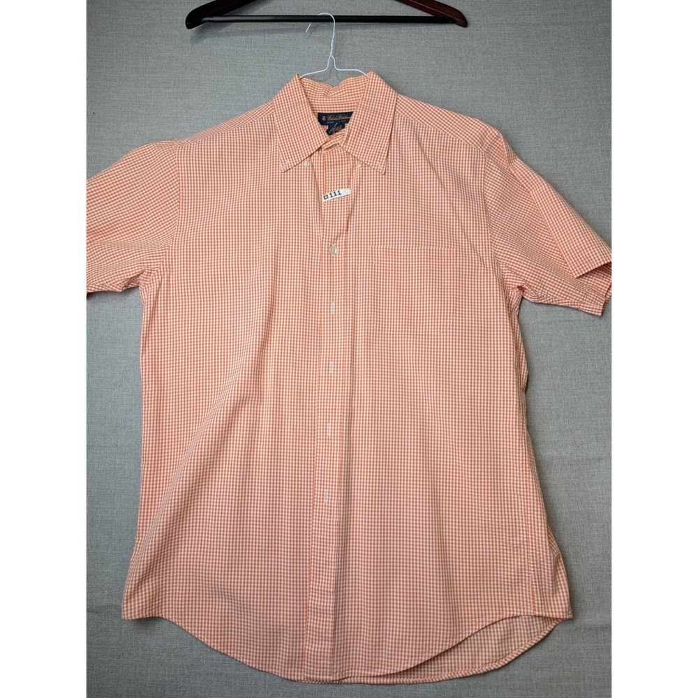 Brooks Brothers Button Down‎ Shirt Mens Medium Orange Gingham Cotton SS